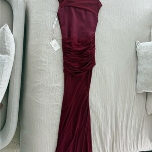 MISS CIRLCE Burgundy mesh Ruched Evening Gown
